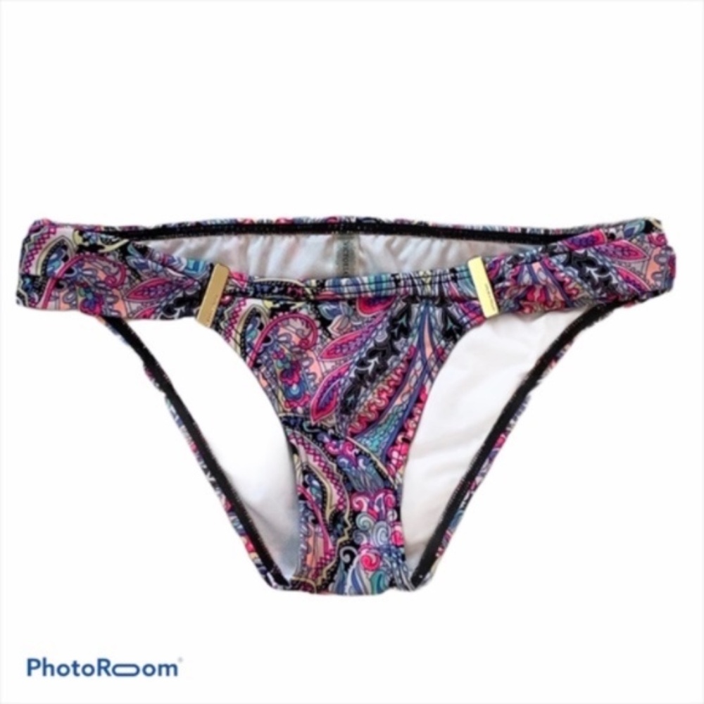 Victoria's Secret Swim Pink Paisley Bikini Bottom XS Gold Metal Accents on Hips